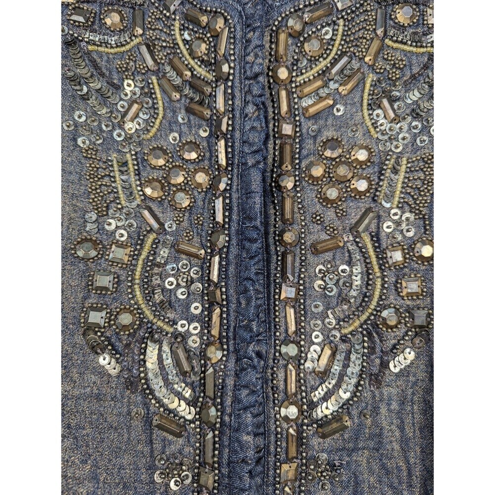 Chico’s Golden Trinket Royalty Jacket Indigo Denim Bronze Foil Size 2 Large - Picture 3 of 10